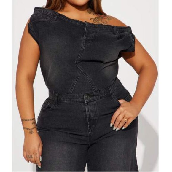 NWT - Stylish Off-Shoulder Black Denim Jumpsuit - Picture 3 of 4